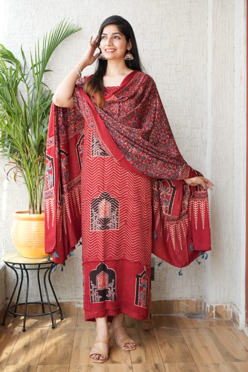 Ajrakh handblock printed modal dress material in red color – boutique quality fabric wholesale
